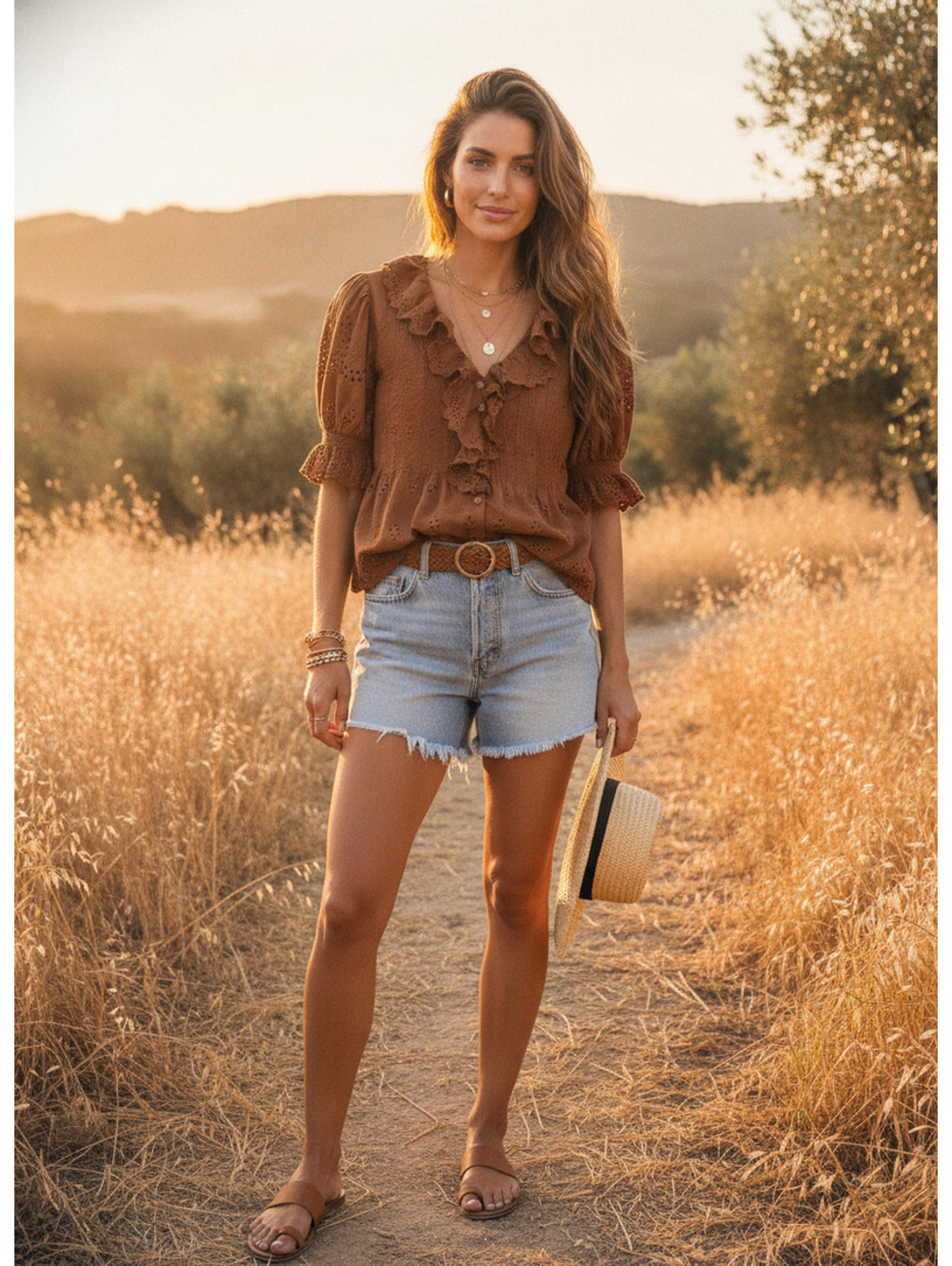 Brown Eyelet Ruffle Blouse Medium Boho Fall Autumn Whimsical Chic Western OOTD
